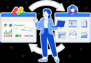 monday.com apps and Microsoft 365 SharePoint integration illustration