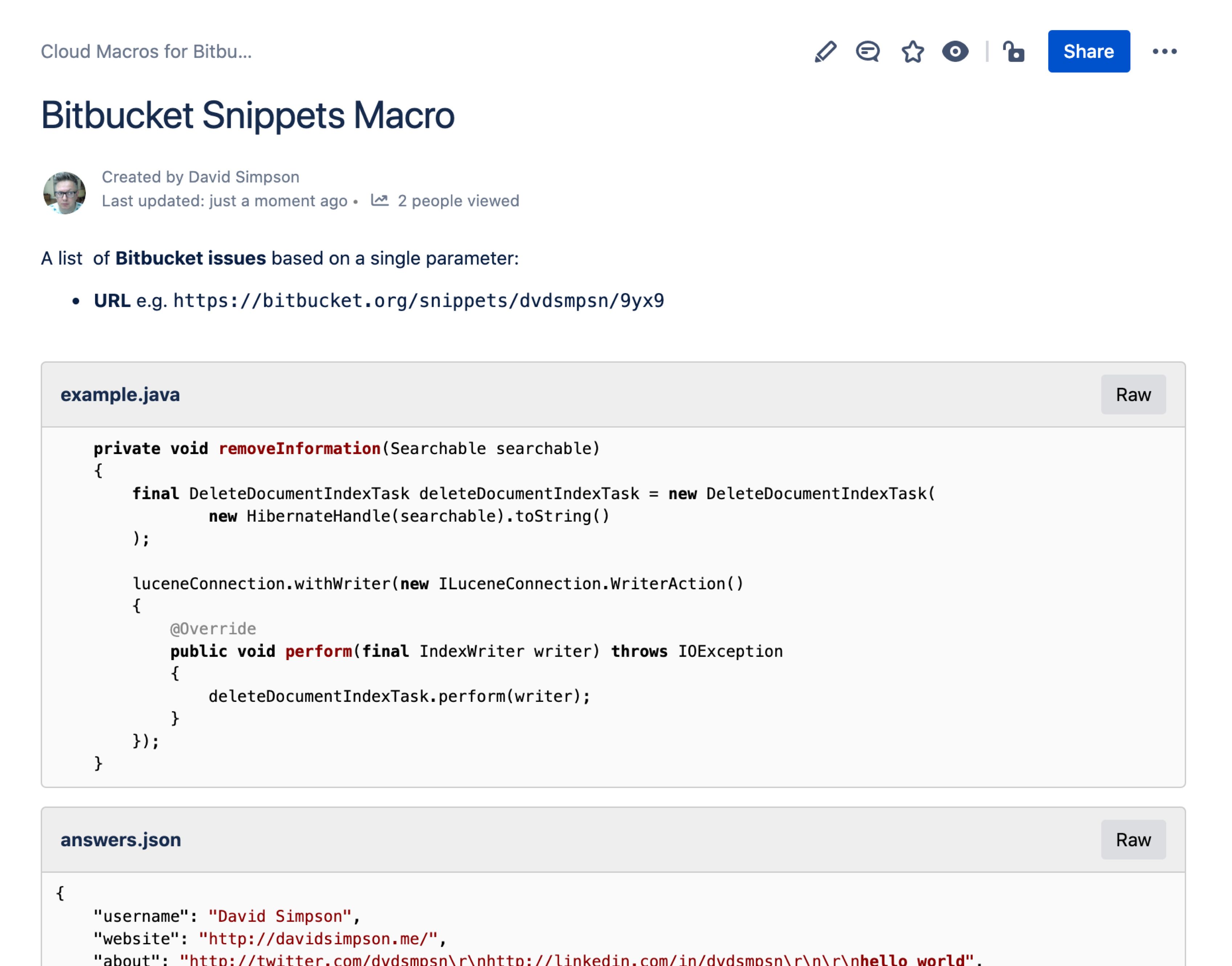 Bitbucket Snippets macro